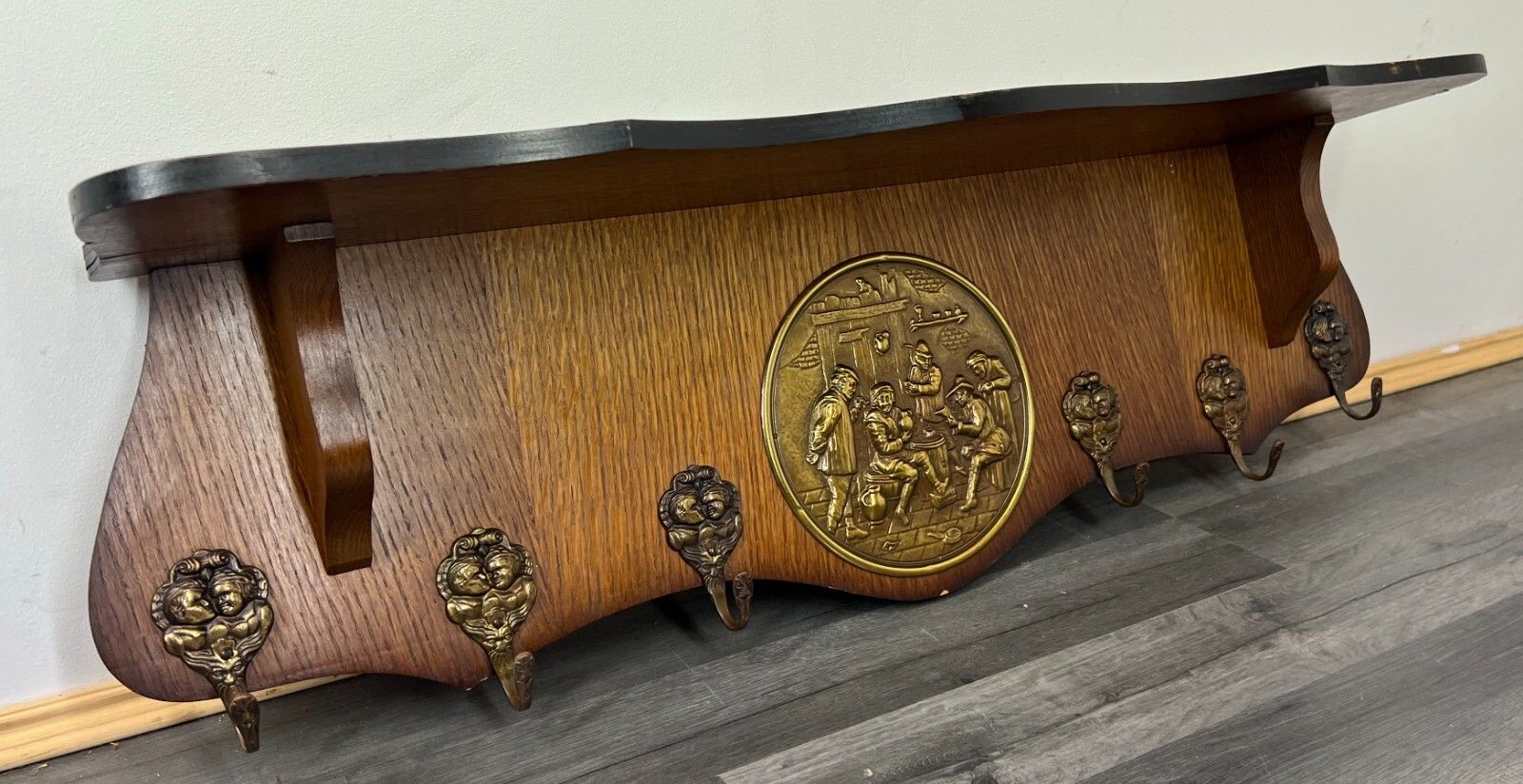French Antique Coat Rack 6 Hooks Wall Shelf Carved Wood Coat Hanger Lot 2276