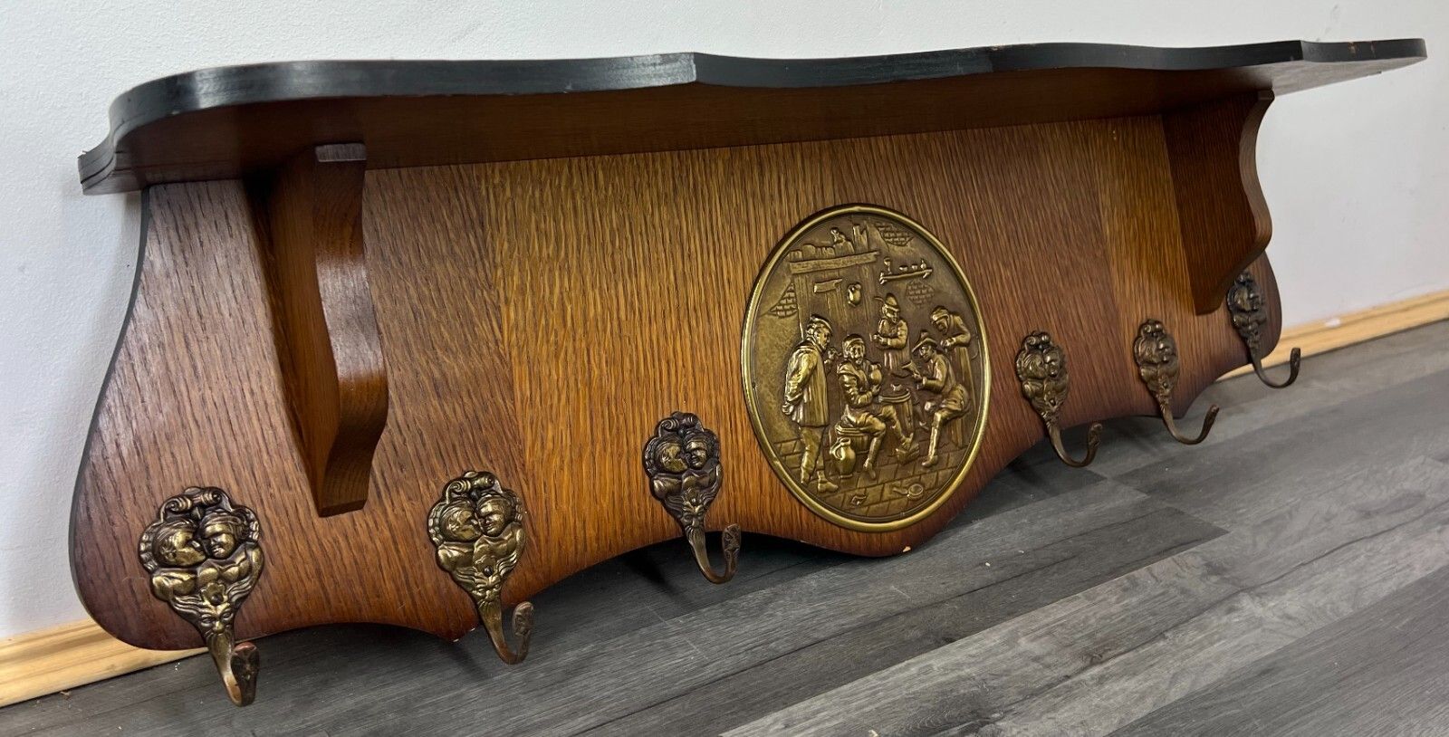 French Antique Coat Rack 6 Hooks Wall Shelf Carved Wood Coat Hanger Lot 2276 photo for sale