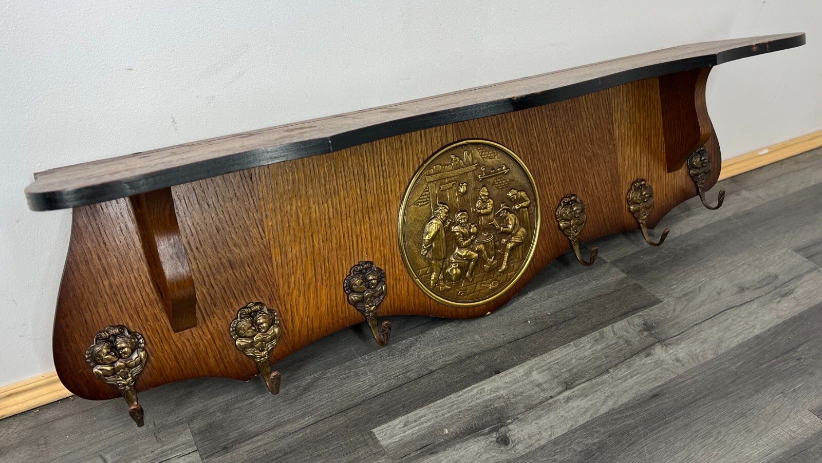 French Antique Coat Rack 6 Hooks Wall Shelf Carved Wood Coat Hanger Lot 2276 photo Furniture