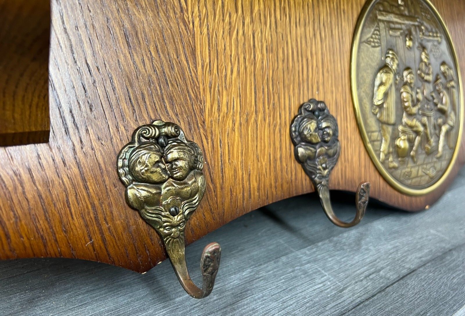 photo for sale French Antique Coat Rack 6 Hooks Wall Shelf Carved Wood Coat Hanger Lot 2276