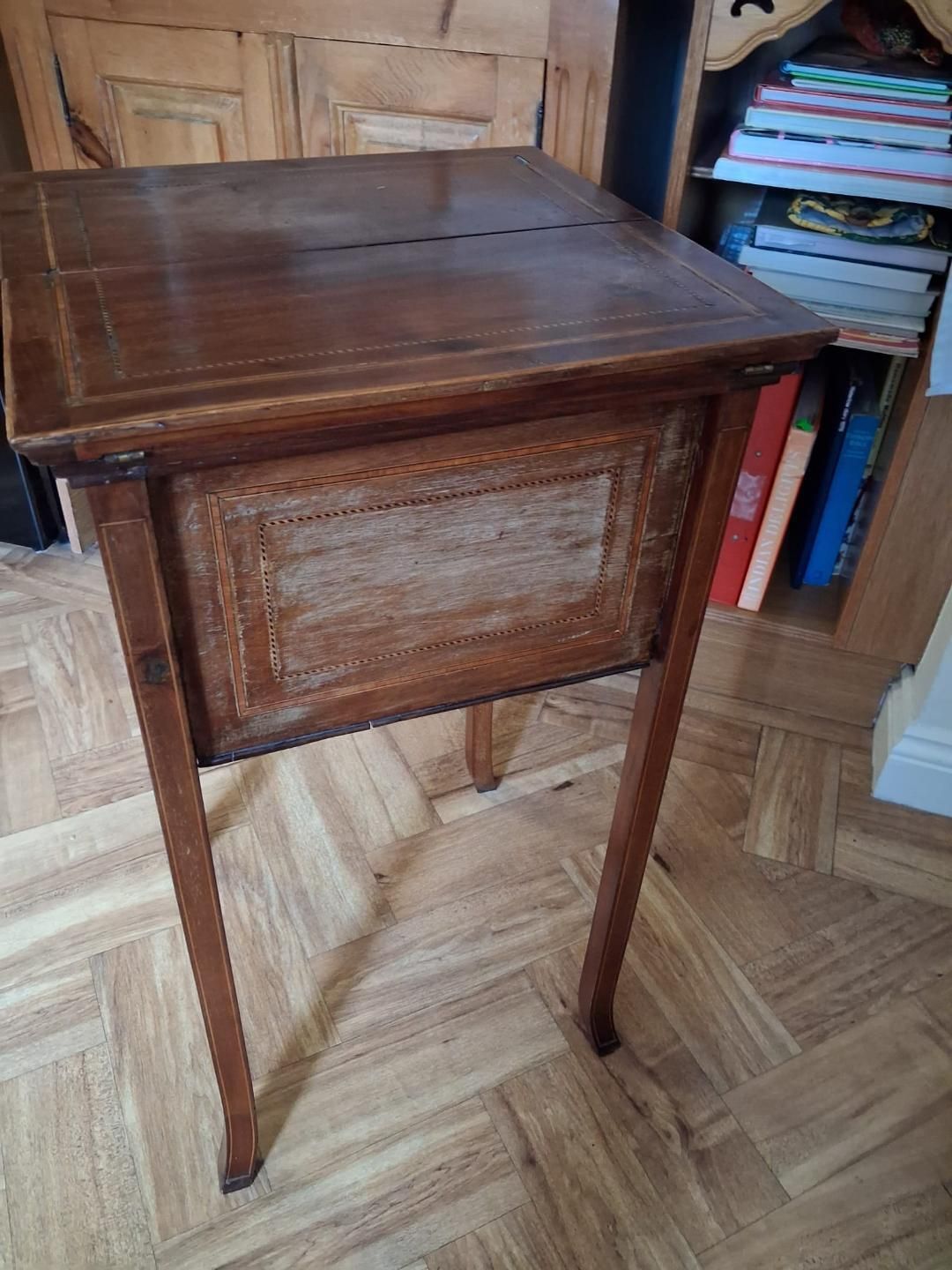 Antique Inlaid Mahogany Fold Out Sewing Craft Work Table photo vinterior