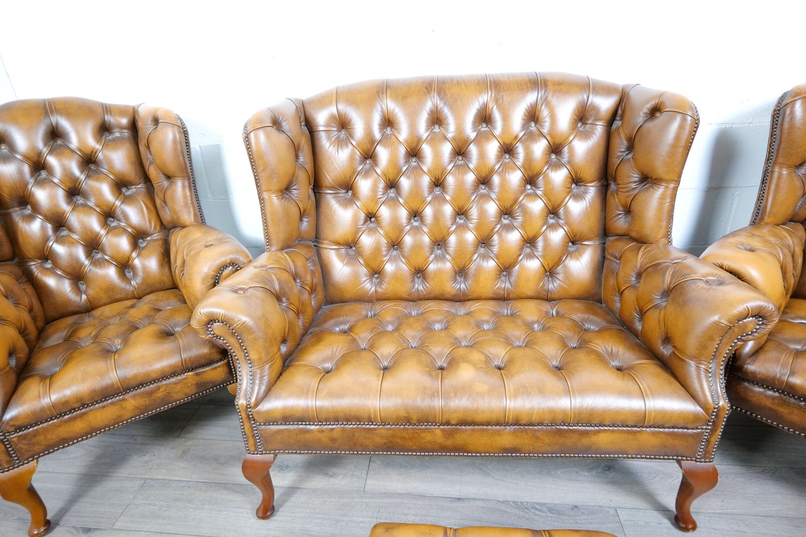 Chesterfield Queen Anne 4 Piece Leather Suite Cigar Brown photo buy