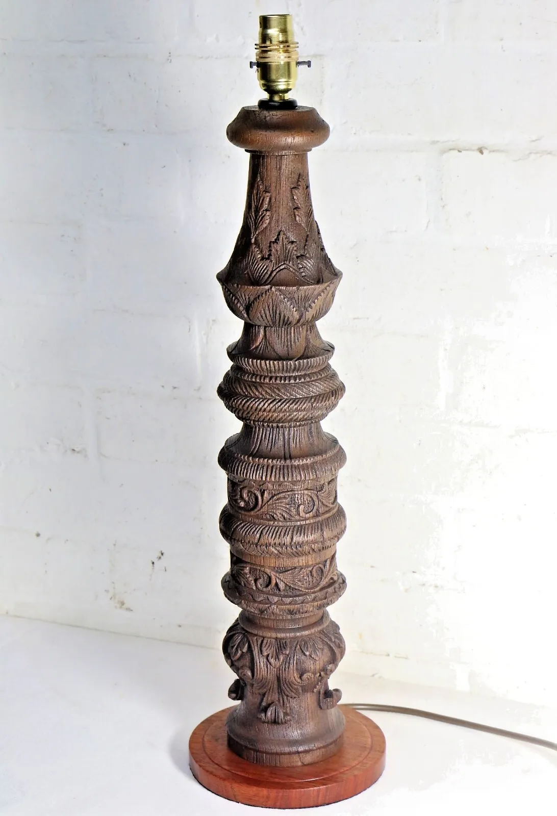 Table Lamp Antique Wooden Oak Table Lamp Late 19th C. Art Nouveau Finely Carved