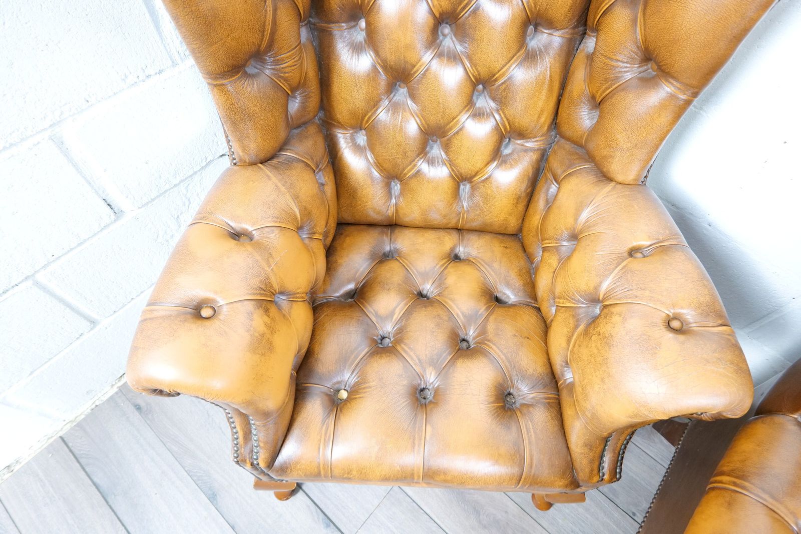 Chesterfield Queen Anne 4 Piece Leather Suite Cigar Brown photo vintage