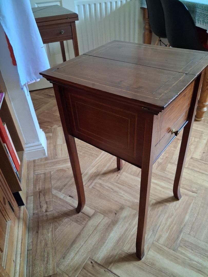Antique Inlaid Mahogany Fold Out Sewing Craft Work Table photo for sale