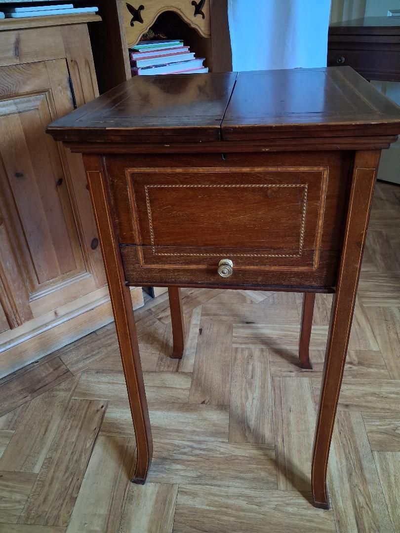 Antique Inlaid Mahogany Fold Out Sewing Craft Work Table