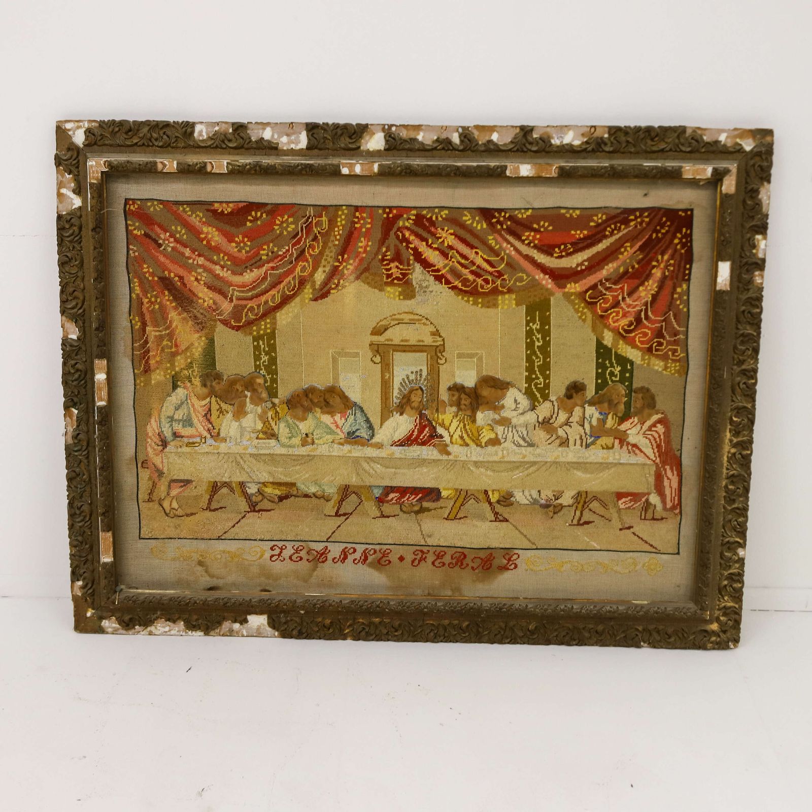 photo furniture Antique French Devotional Needlepoint Wall Art Tapestry   Last Supper With Painted Faces