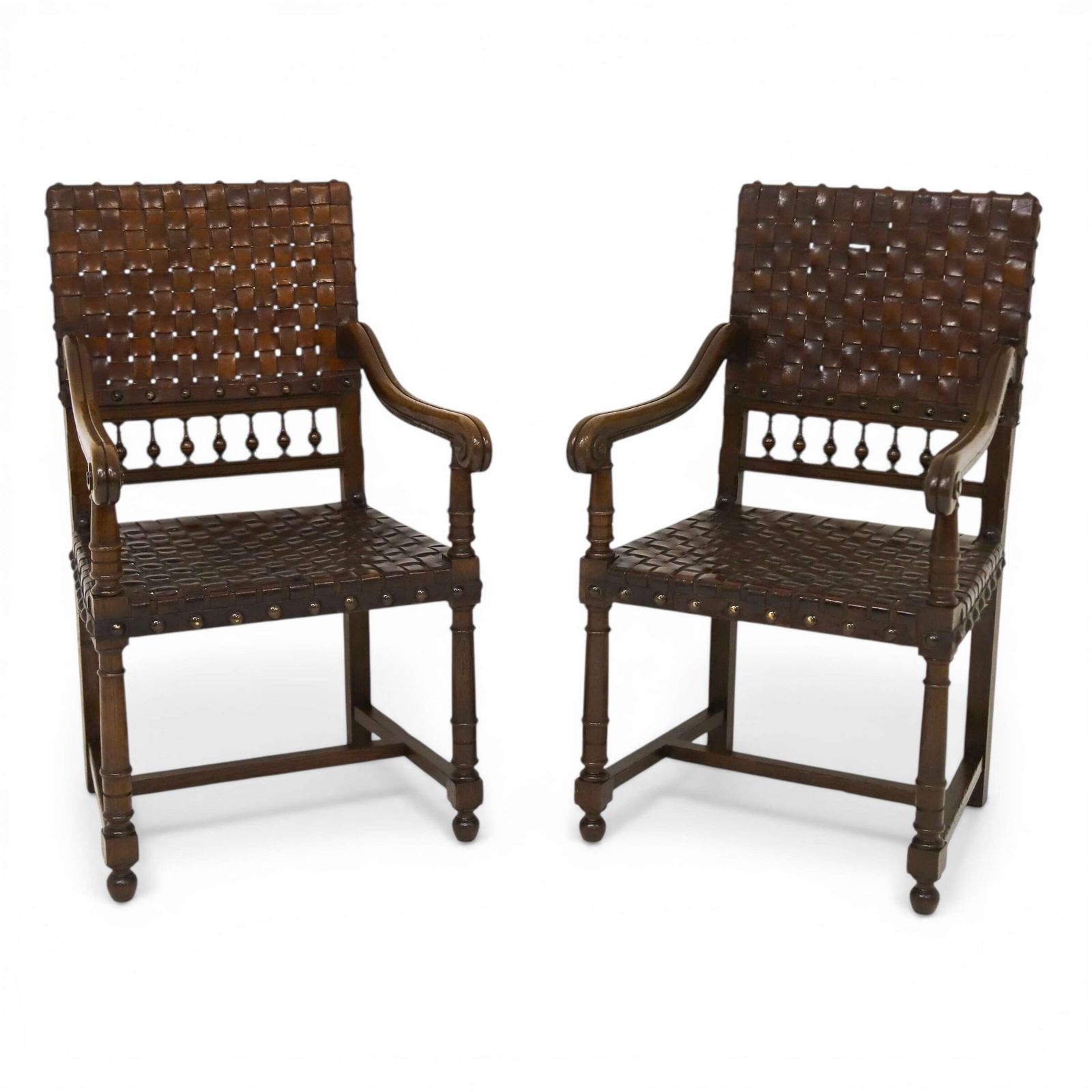 Very Decorative Pair Of 19th Century Carolean Style Oak And Woven Leather Armchairs