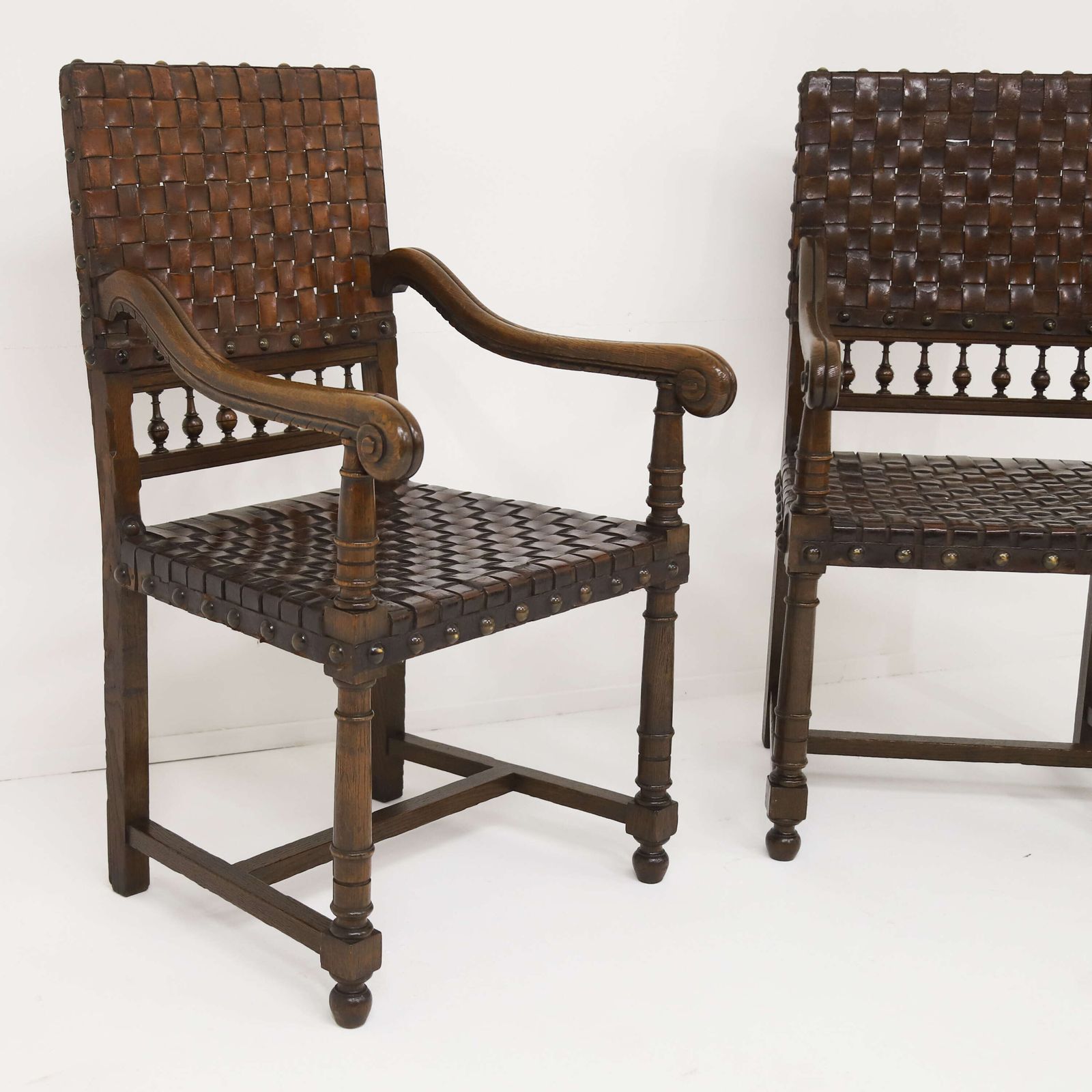 Very Decorative Pair Of 19th Century Carolean Style Oak And Woven Leather Armchairs photo furniture