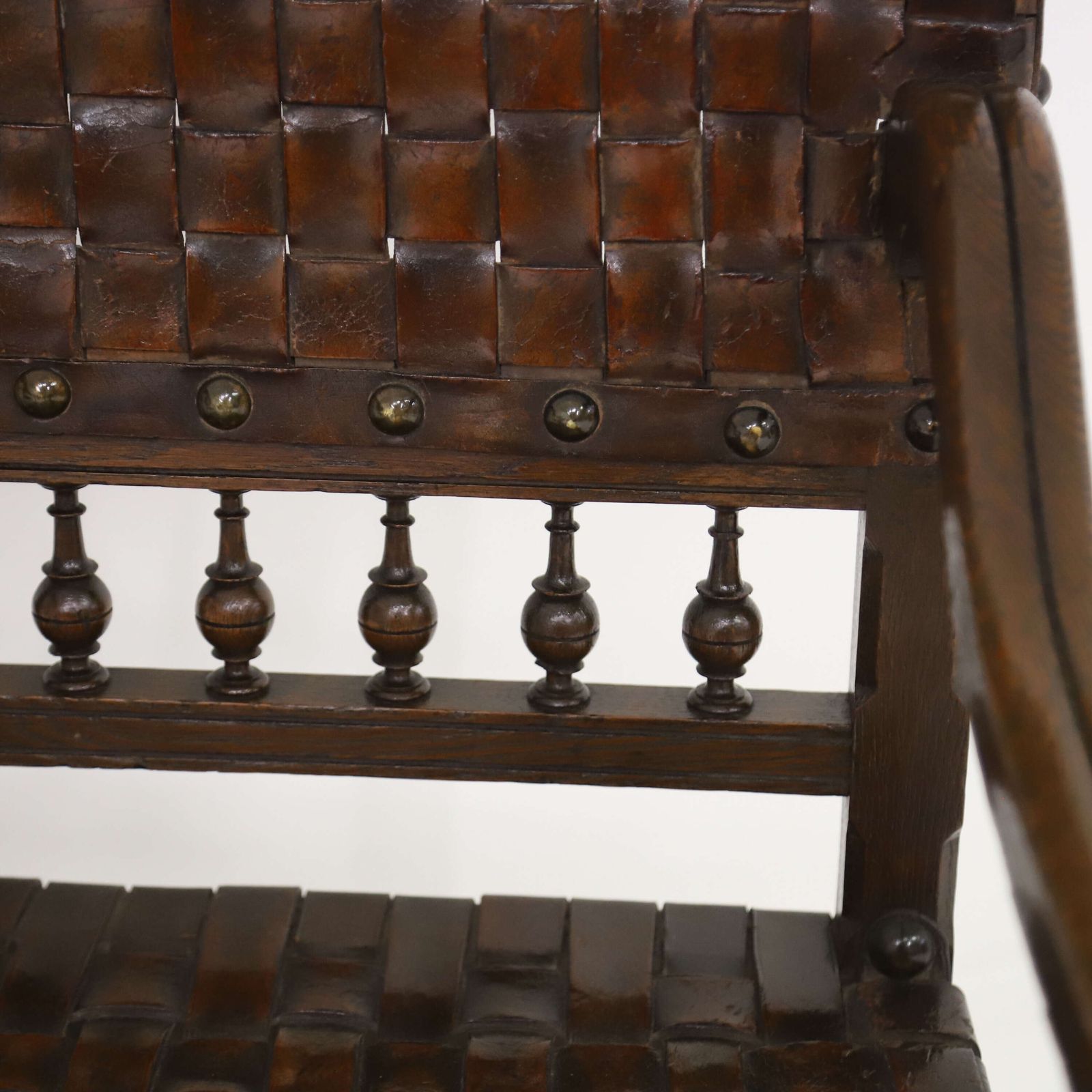 Very Decorative Pair Of 19th Century Carolean Style Oak And Woven Leather Armchairs photo for sale