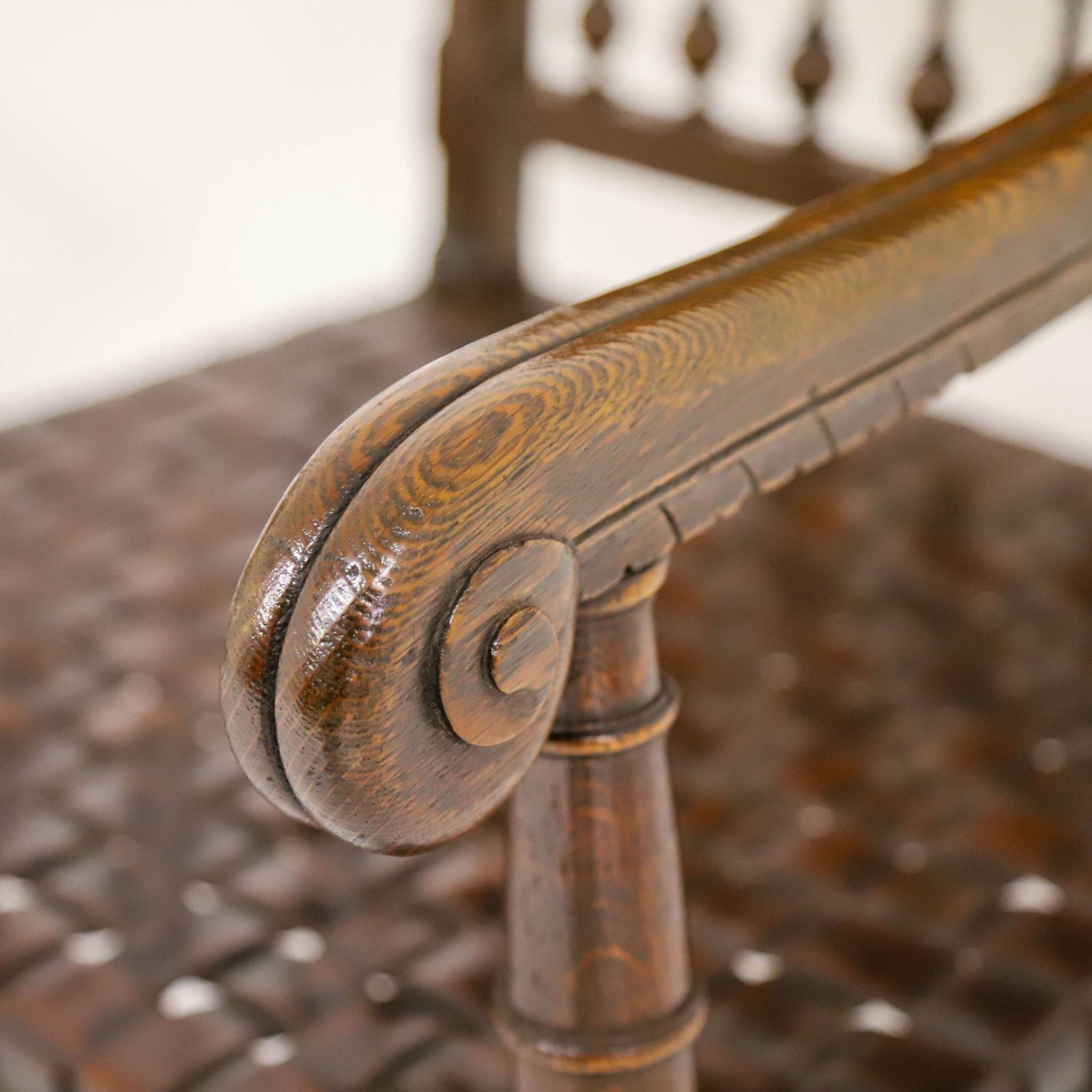 Very Decorative Pair Of 19th Century Carolean Style Oak And Woven Leather Armchairs photo Furniture