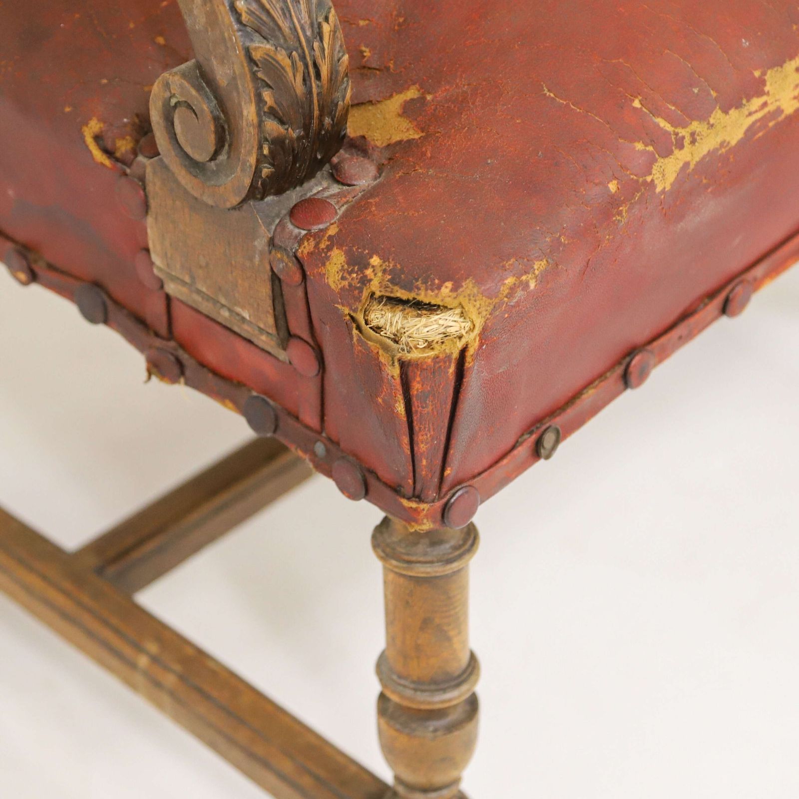 Pair Of French Louis XIV Style Mahogany Lion Head Fauteuils With Distressed Leather photo Furniture