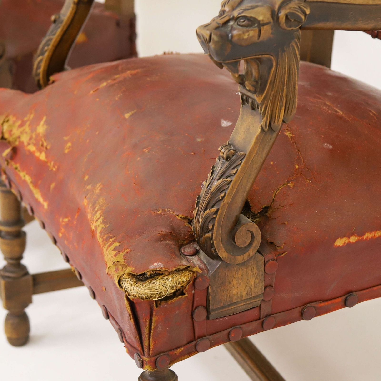 Pair Of French Louis XIV Style Mahogany Lion Head Fauteuils With Distressed Leather photo vinterior