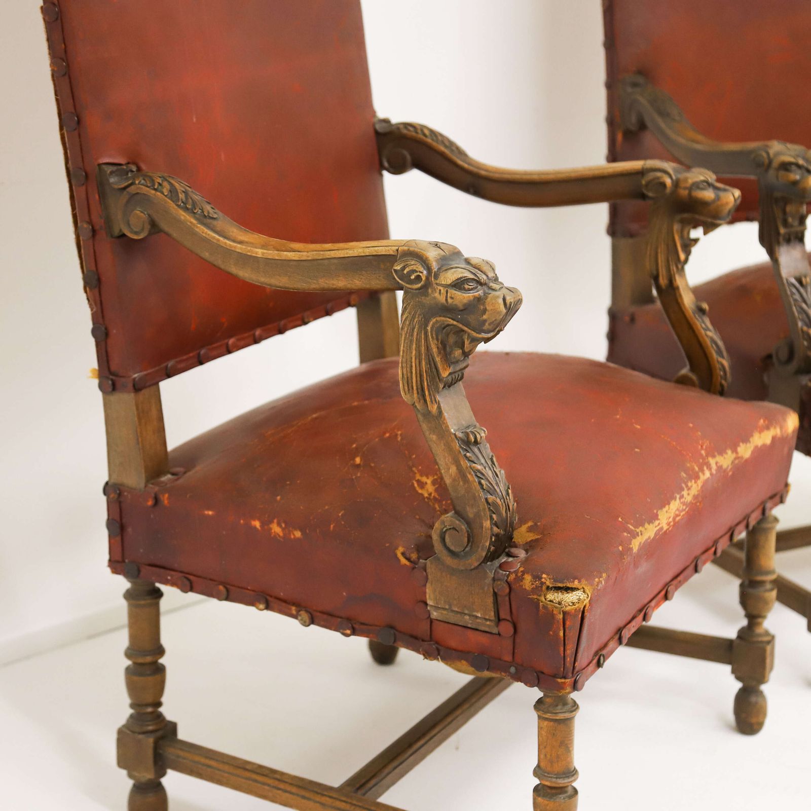 photo for sale Pair Of French Louis XIV Style Mahogany Lion Head Fauteuils With Distressed Leather