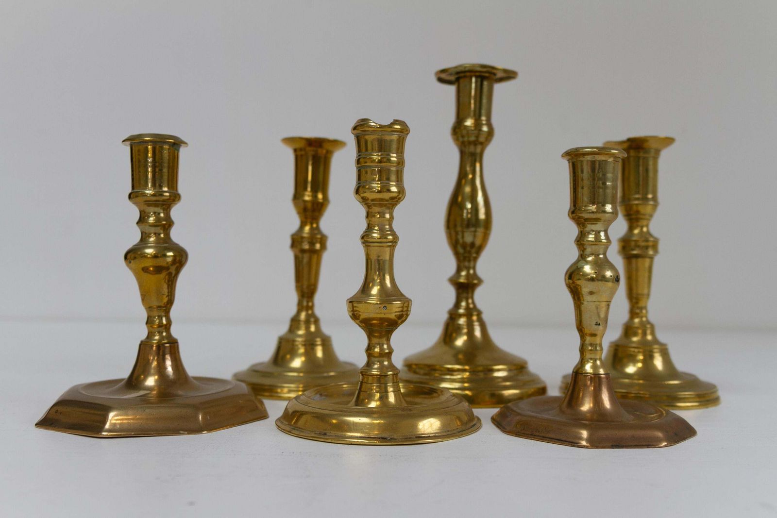 Antique Danish Baroque Brass Candlesticks. Set Of 6. photo for sale