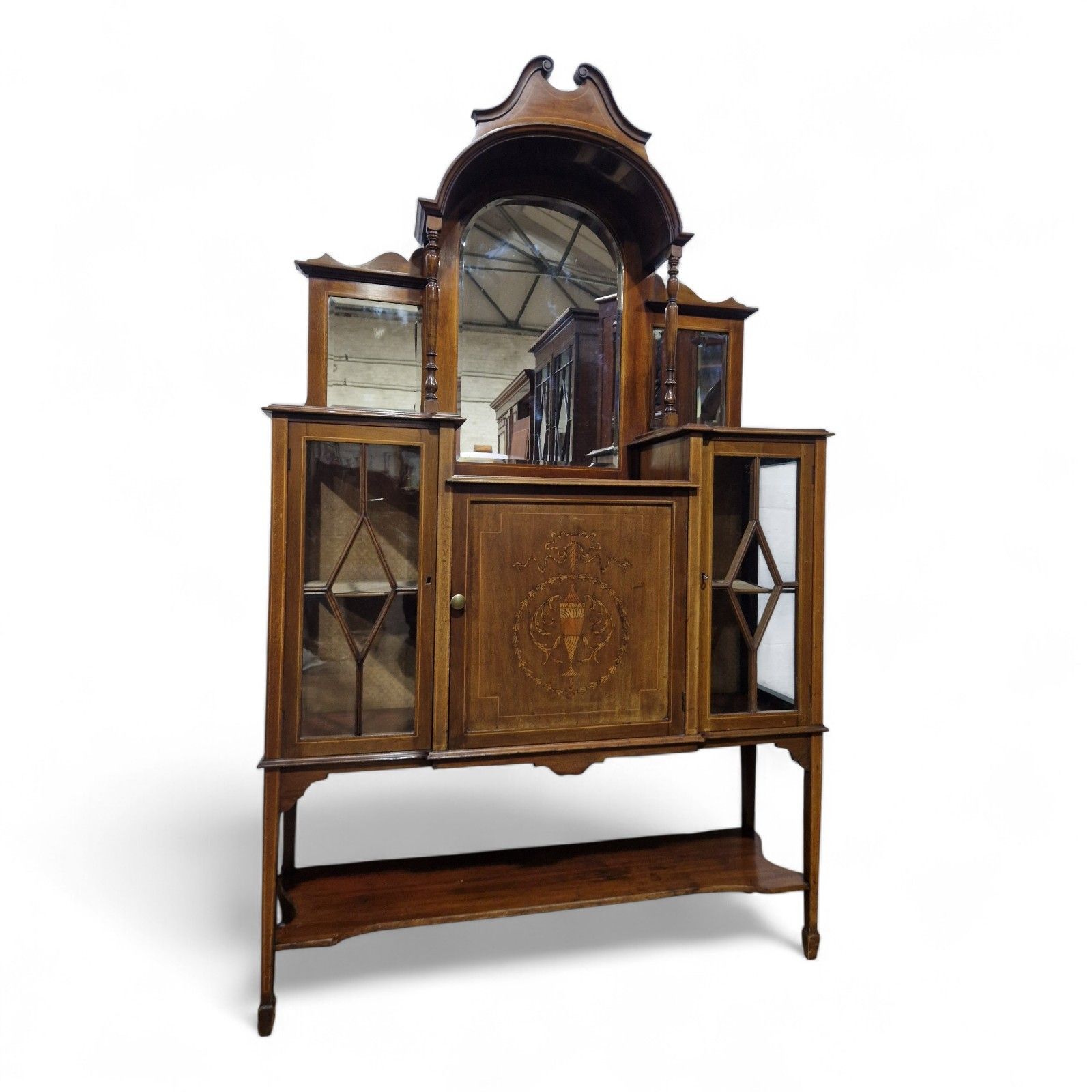 Edwardian Display Cabinet Glazed Inlaid Mahogany China Cabinet With Mirror Back photo for sale