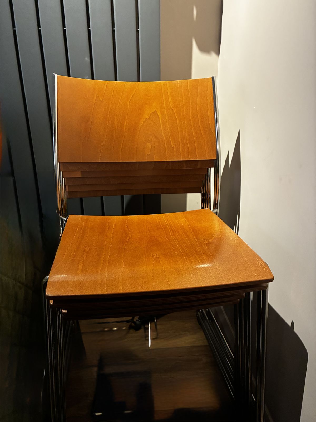 Set Of 6 Dietiker 'Tila' Swiss Designer Stacking Chairs – Chrome & Molded Wood photo furniture