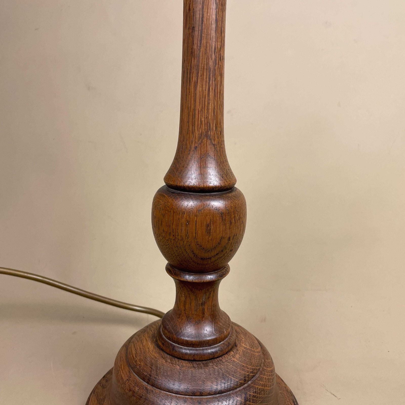 Turned Wood Lamp Wooden Bedside Table Light Antique Brown Elegant Cottage Farmhouse Country Medium Tall Column Round Base photo for sale