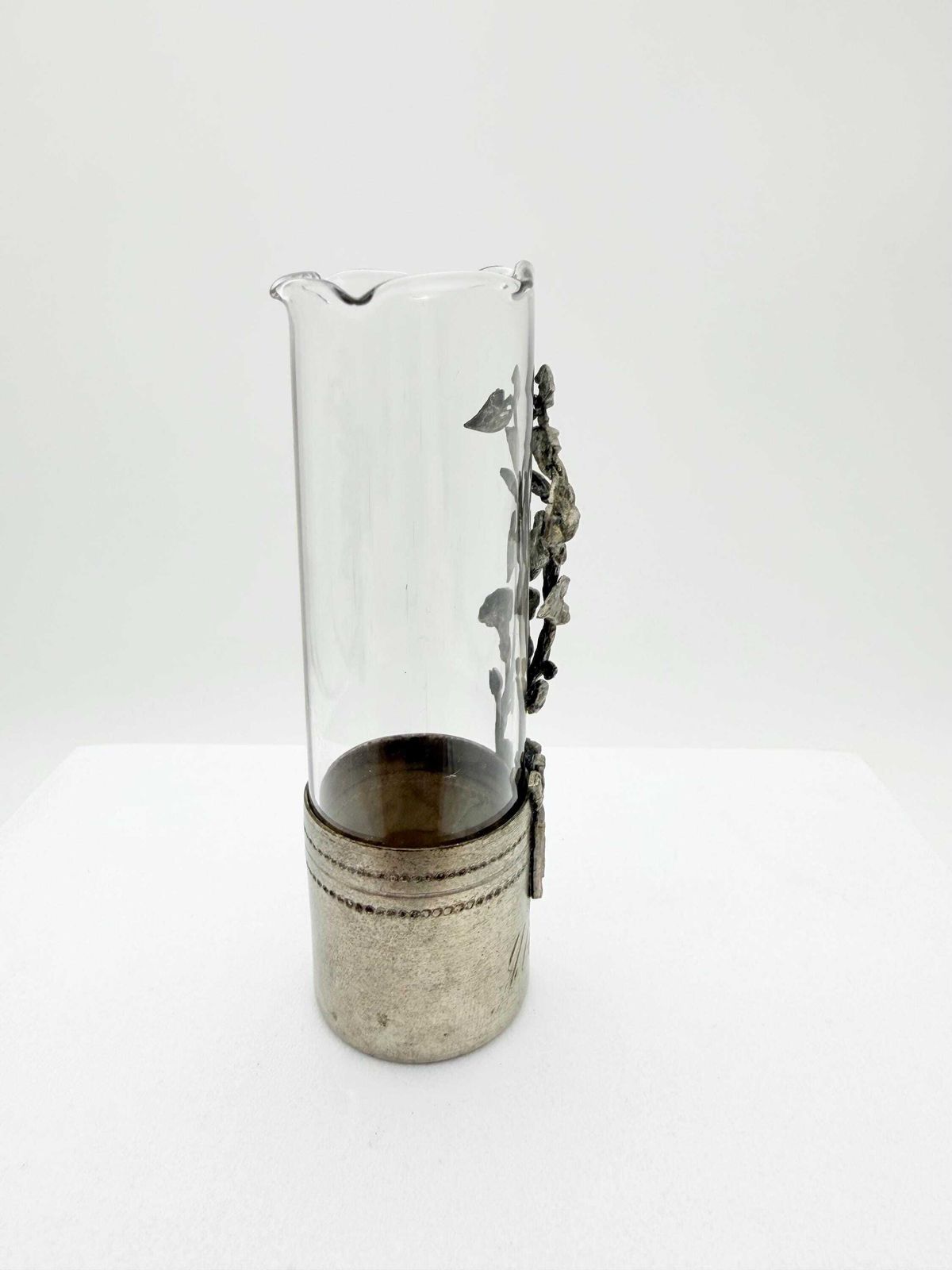 Art Nouveau Pewter Floral Bud Vase, Glass Overlay, Abeville Crest (9cm) photo vintage