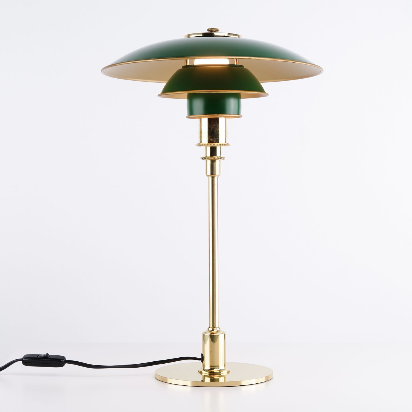 Poul Henningsen Table Lamp Model Ph 3/2 Anniversary Edition In Brass With Green Metal Shades For Louis Poulsen