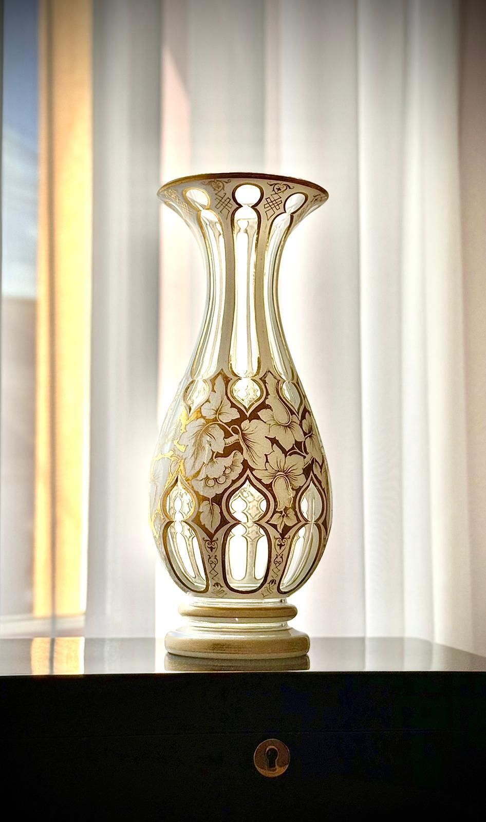 Antique Bohemian White Overlay Glass Vase, 19th Century photo furniture