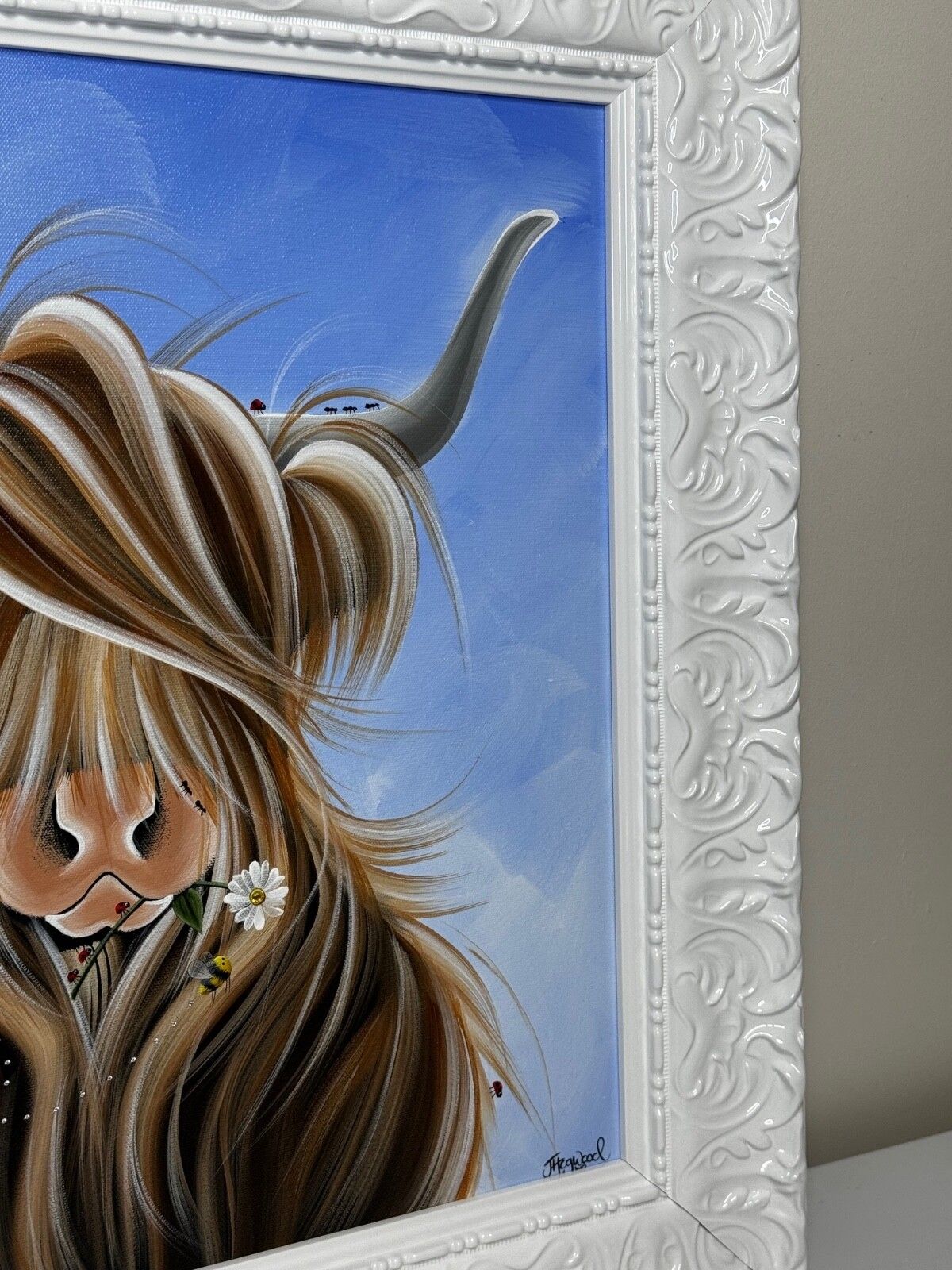 Expressionist Highland Horned Female Cow Oil Painting Mcmoo With Garden Insects photo furniture