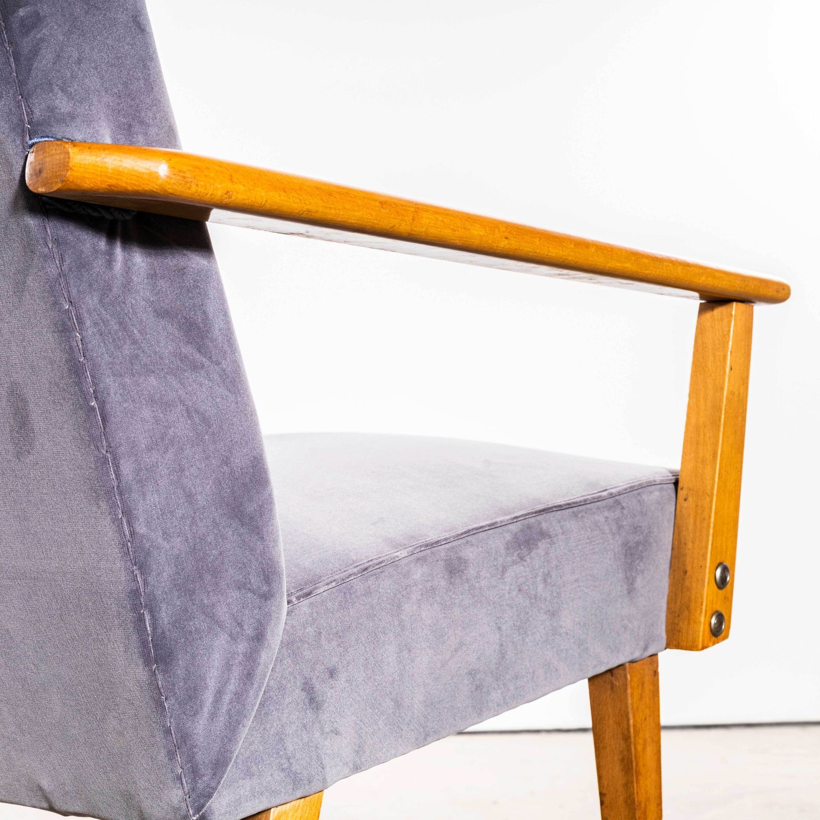 photo furniture 1950’s Mid Century Upholstered Grey Armchairs With Straight Arms