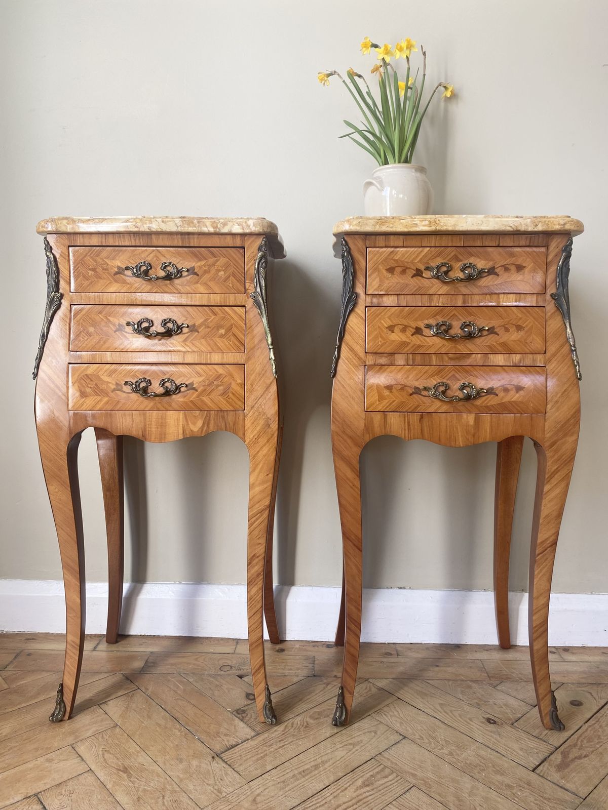 Pair Of French Louis XVI Bedside Tables With Marble Tops photo vintage