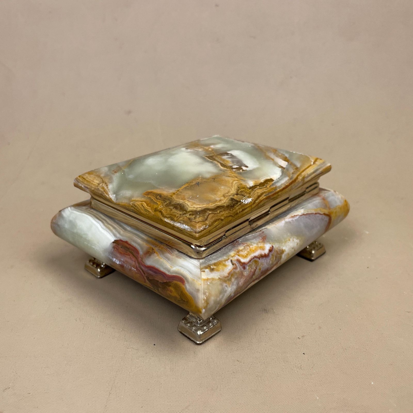 Green Onyx Jewellery Box Trinket Keepsake Stone Marble Hinged Lid Velvet Lined Small Dressing Table Decor Brass Feet Ring Holder photo Home Decor