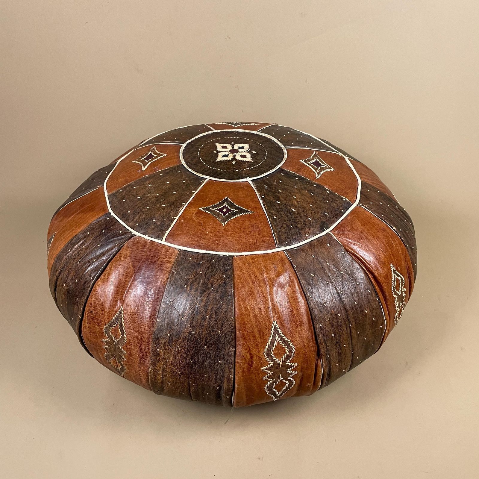 Moroccan Leather Pouf Ottoman Patchwork Round Vintage Boho Floor Seat Brown Geometric Pattern Handmade photo furniture