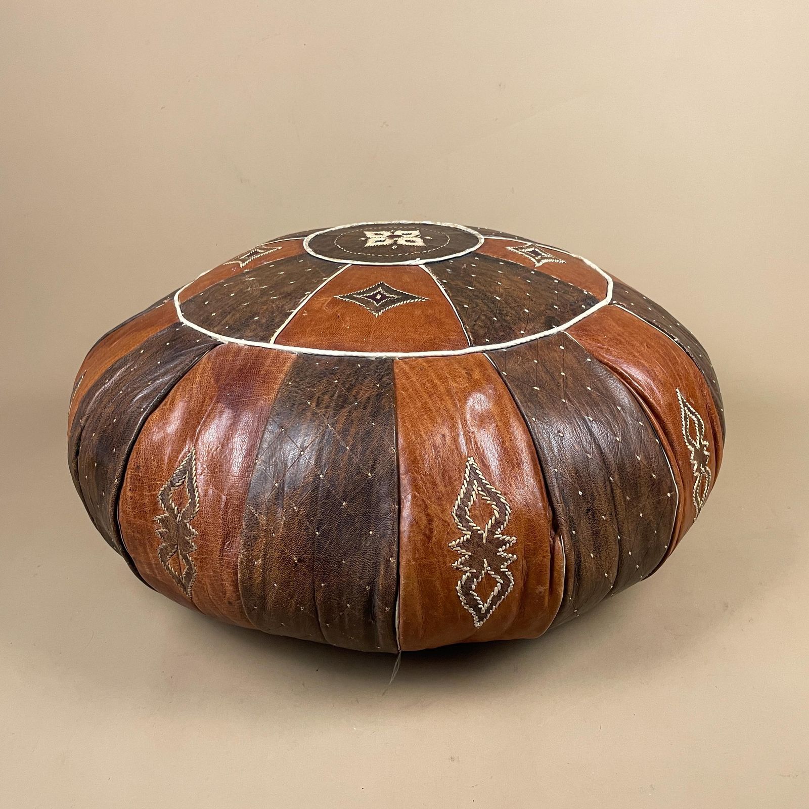 Moroccan Leather Pouf Ottoman Patchwork Round Vintage Boho Floor Seat Brown Geometric Pattern Handmade photo for sale