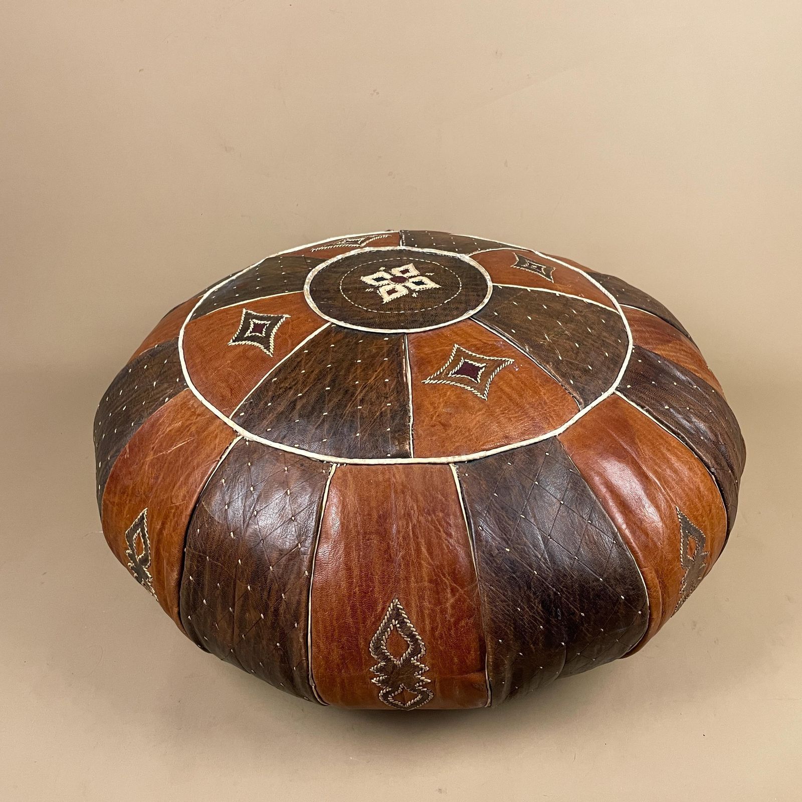 Moroccan Leather Pouf Ottoman Patchwork Round Vintage Boho Floor Seat Brown Geometric Pattern Handmade photo vintage