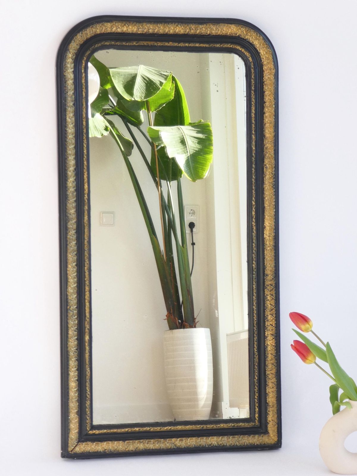 Tall Antique French Louis Philippe Mirror, Arched Gilt Wood 19th Century Mirror, Wall Mirror In Black And Gold photo Home Decor