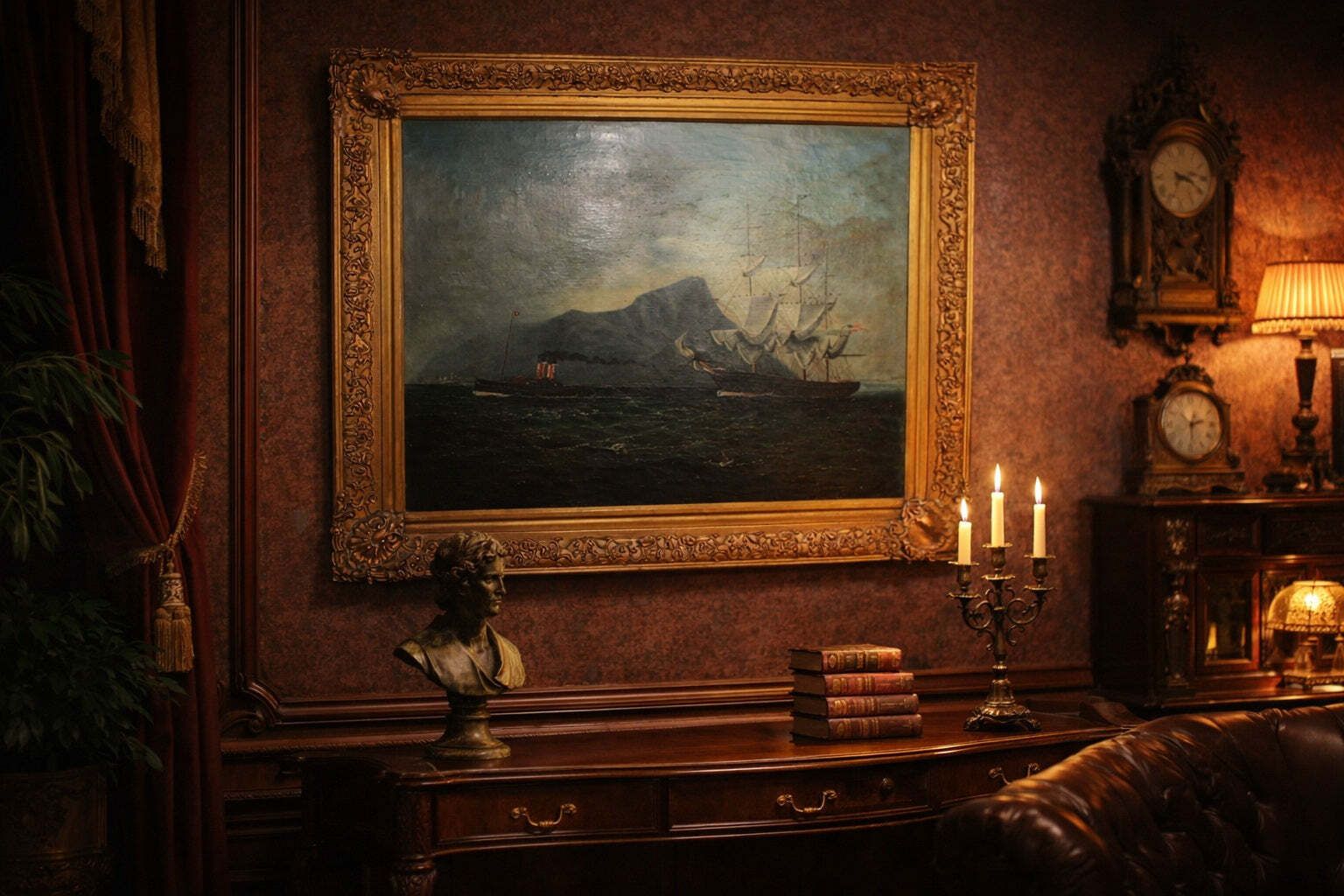 Early 20th Century Marine Oil Painting Of A Sailing Ship Off Gibraltar photo for sale