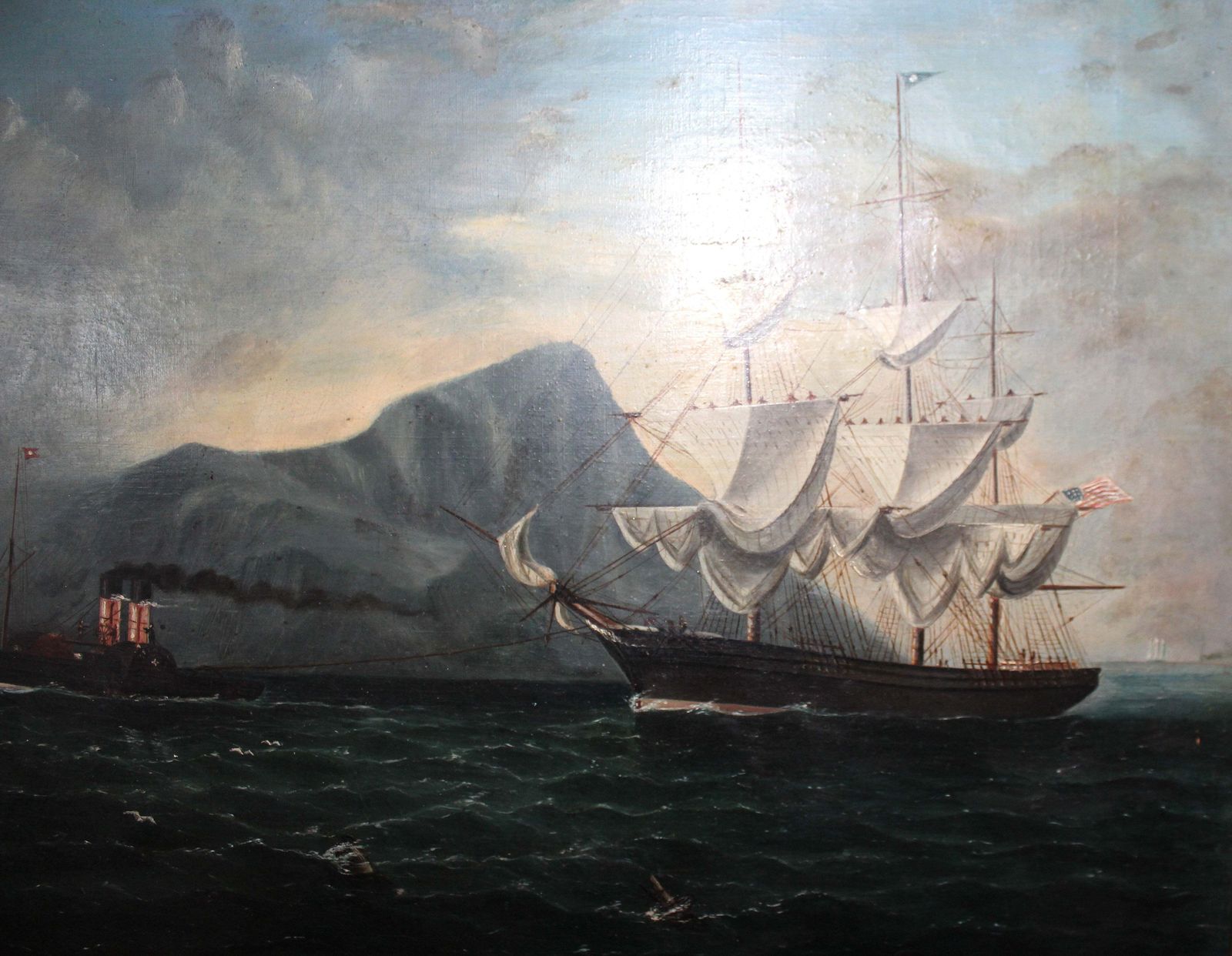Early 20th Century Marine Oil Painting Of A Sailing Ship Off Gibraltar photo Art