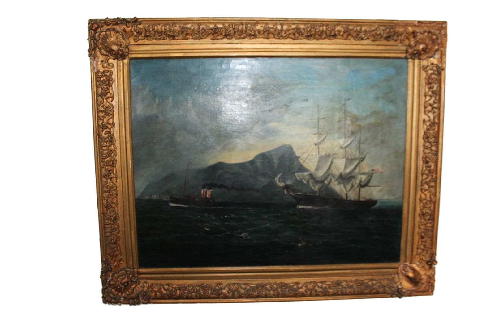 Early 20th Century Marine Oil Painting Of A Sailing Ship Off Gibraltar photo vinterior