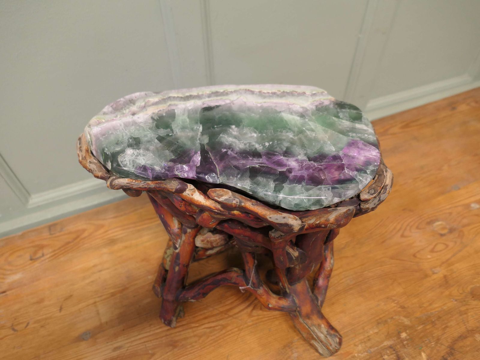 Agate Slab Set On Very Unusual Carved Root Stand This Is A Natural Agate Slab In Green photo vinterior