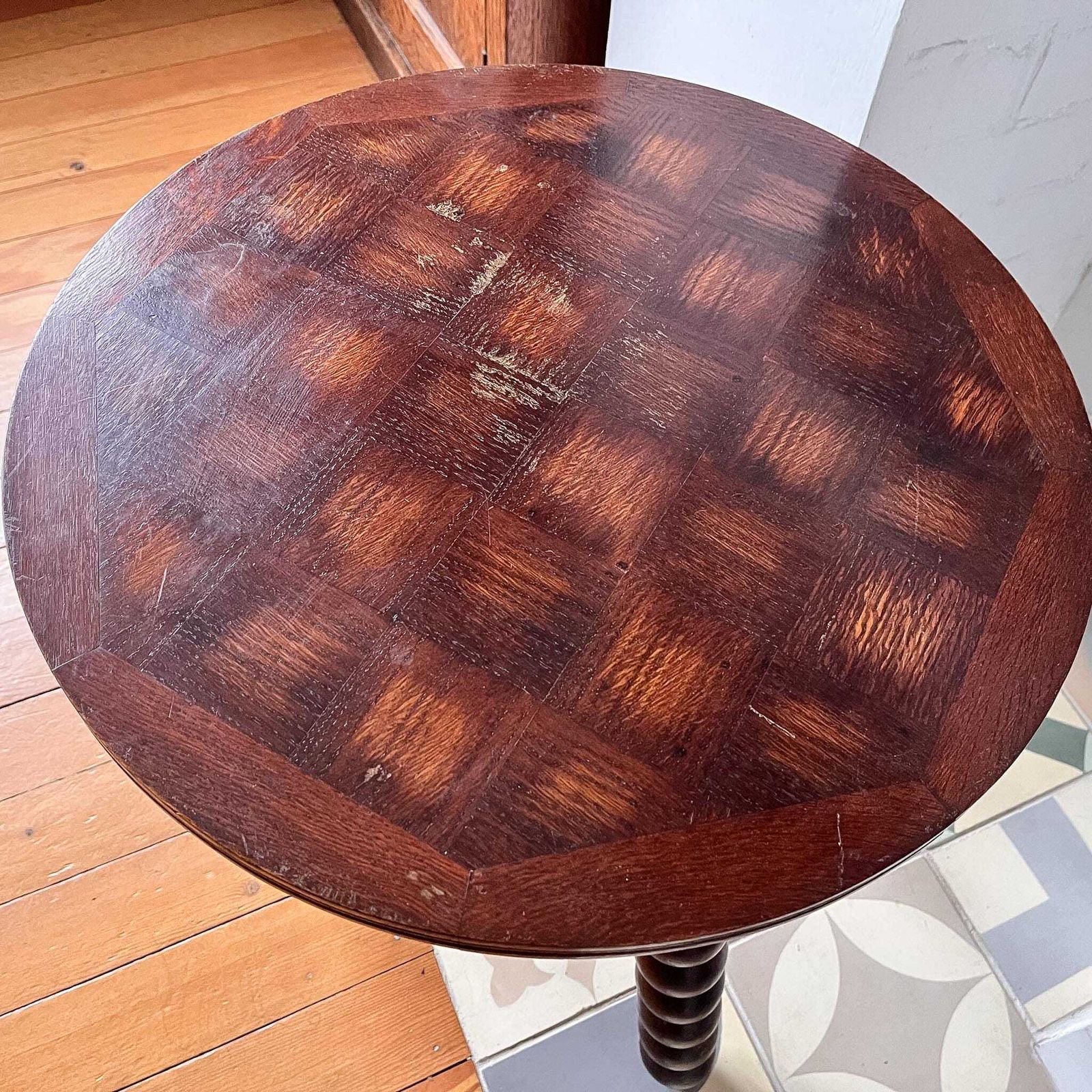 Antique Round French Bobbin Side Table With Parquetry Top photo 425.0