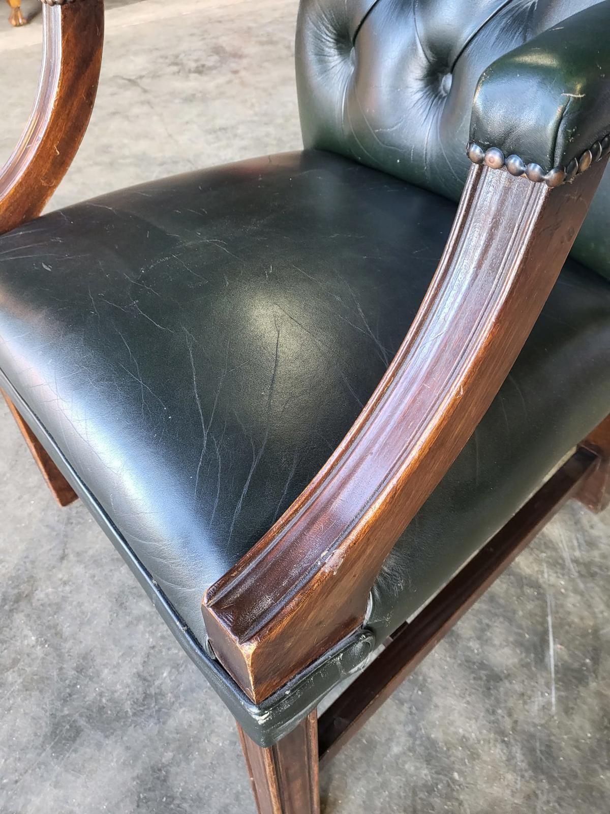 Antique Repro Green Leather Button Back Open Armchair photo vinterior