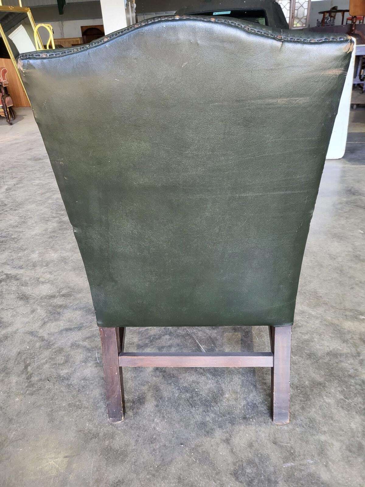 photo furniture Antique Repro Green Leather Button Back Open Armchair
