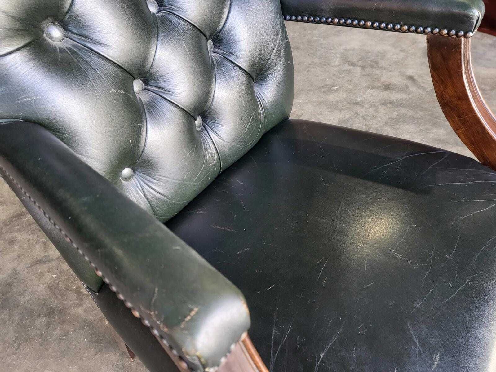 Furniture Antique Repro Green Leather Button Back Open Armchair photo