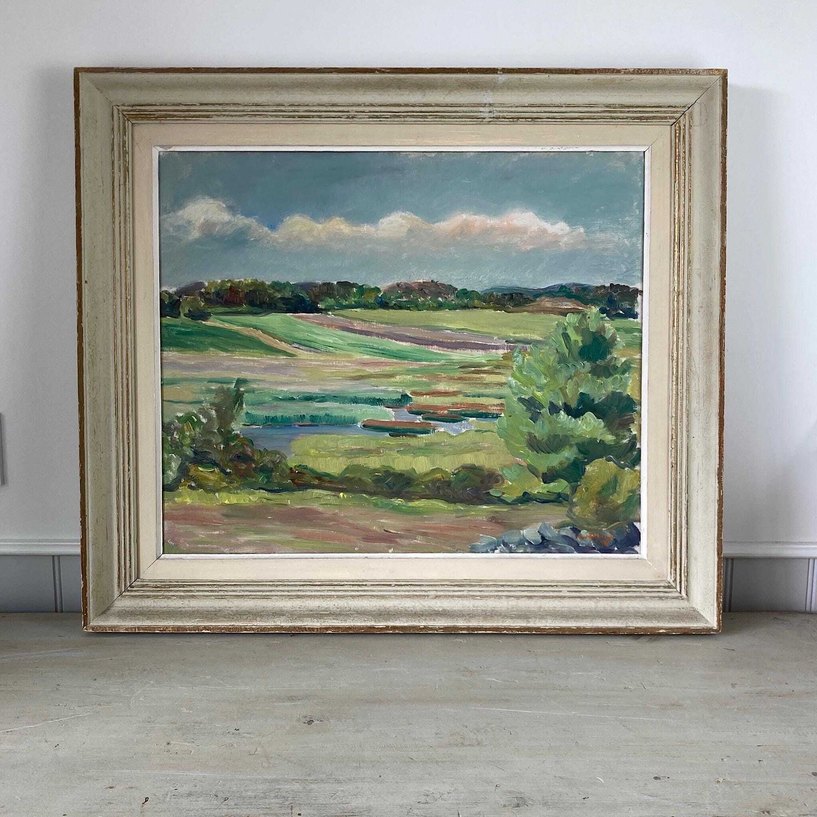 Summer Fields Landscape   Large Vintage Scandinavian Original Oil On Board Painting Dated 1939 photo furniture