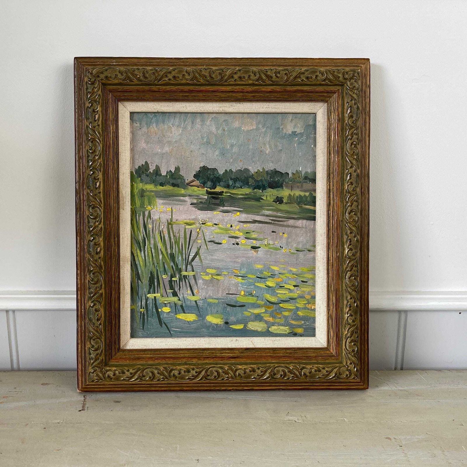 Waterlilies   Small Antique Original European Impressionist Oil Painting Of A River Scene