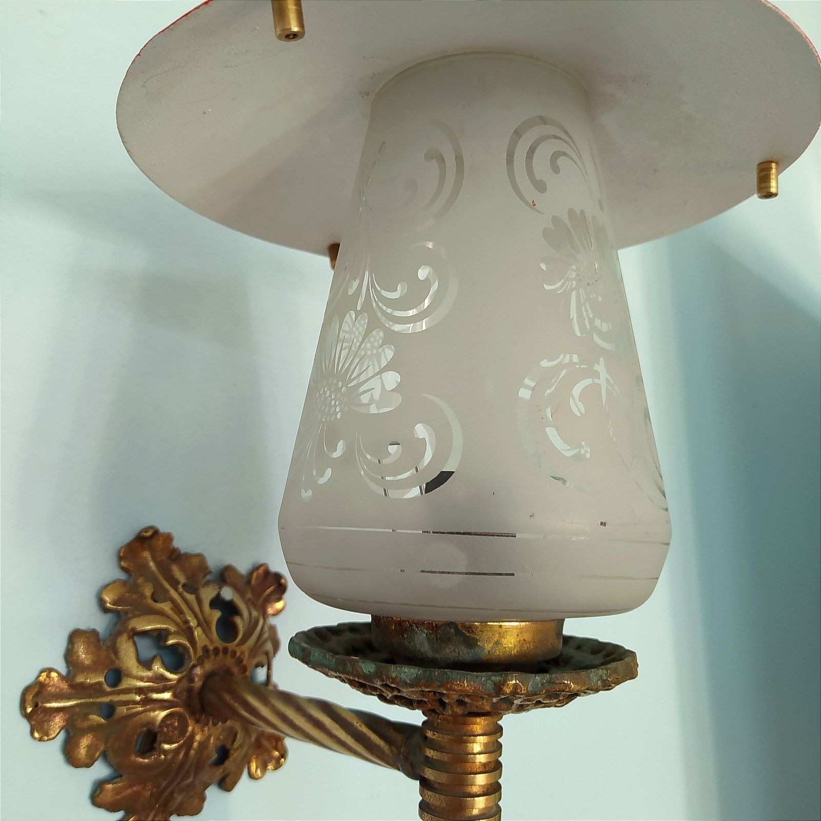 1930's Art Nouveau Brass And Etched Glass Wall Lights. photo Lighting