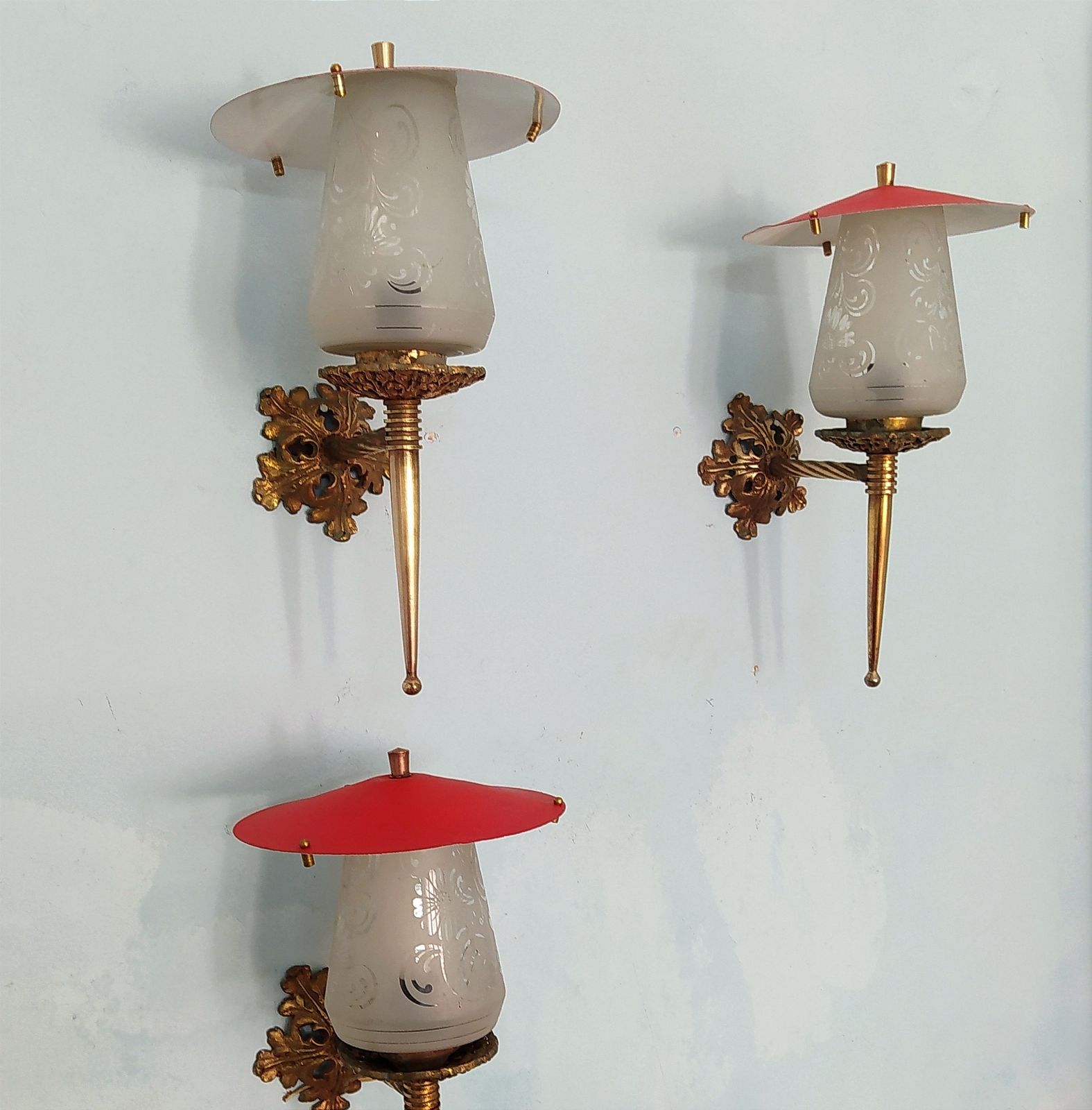 1930's Art Nouveau Brass And Etched Glass Wall Lights. photo 320.0