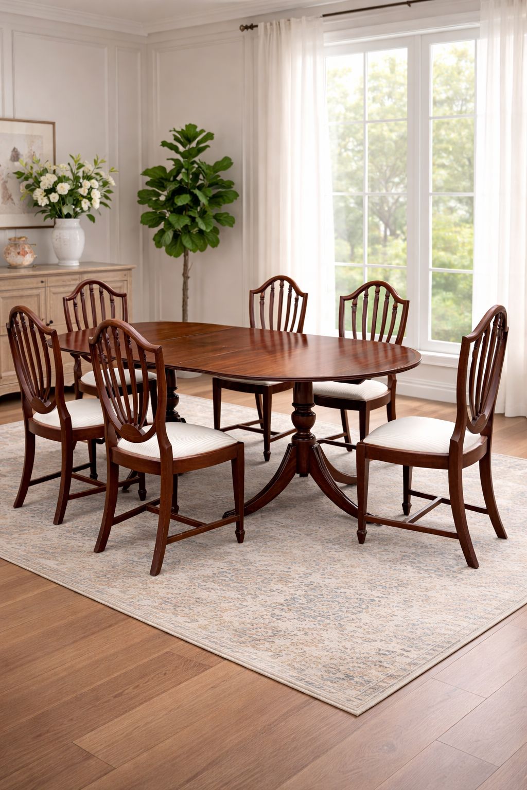 Edwardian (1900–1915) Mahogany Twin Pedestal Extending Dining Table & 6 Shield Back Chairs