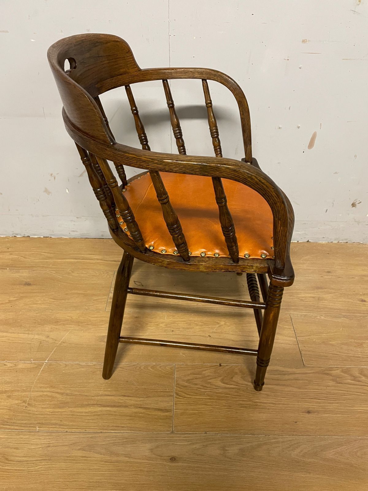 Edwardian Oak And Beech Desk Chair With Tan Hide Seat photo 325.0
