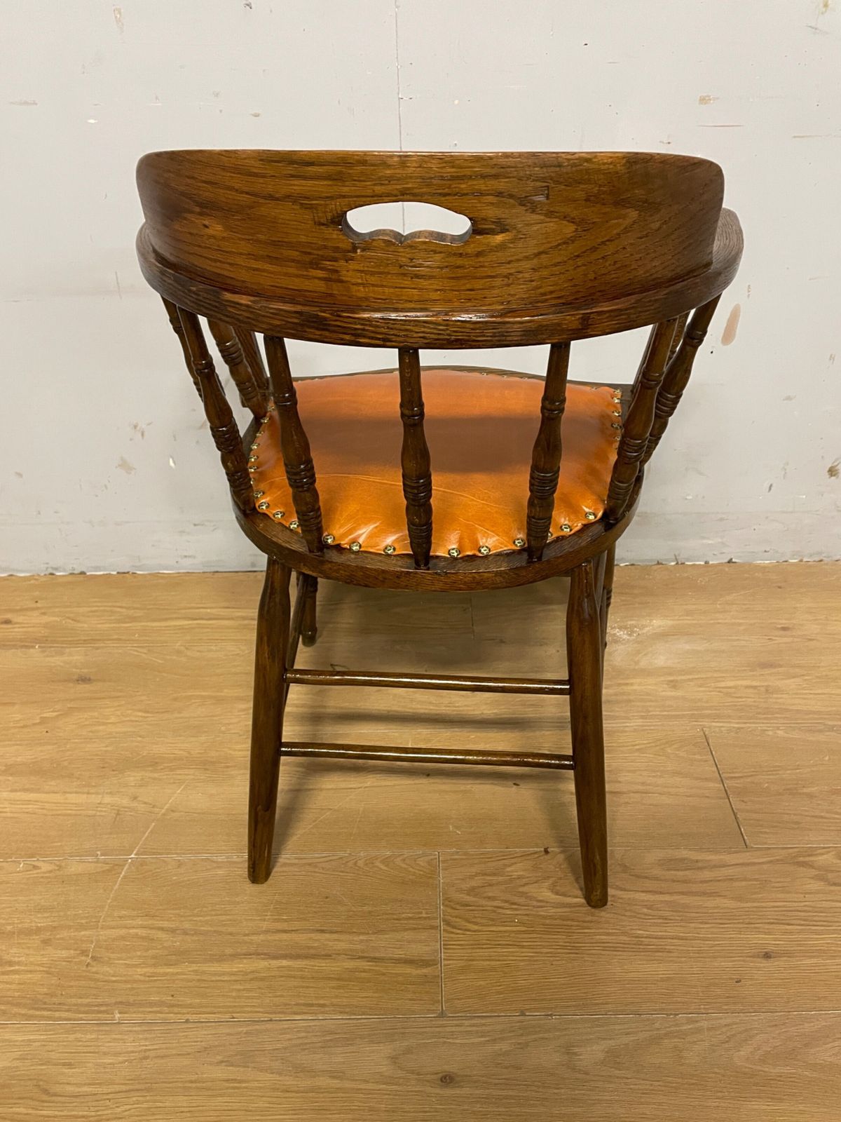 Edwardian Oak And Beech Desk Chair With Tan Hide Seat photo vinterior
