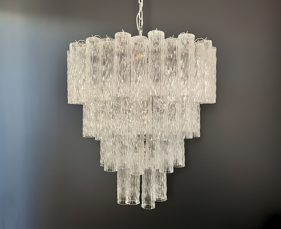 Huge Murano Glass Tiered Chandelier   80 Glasses   Transparent Corteccia Glass Tube