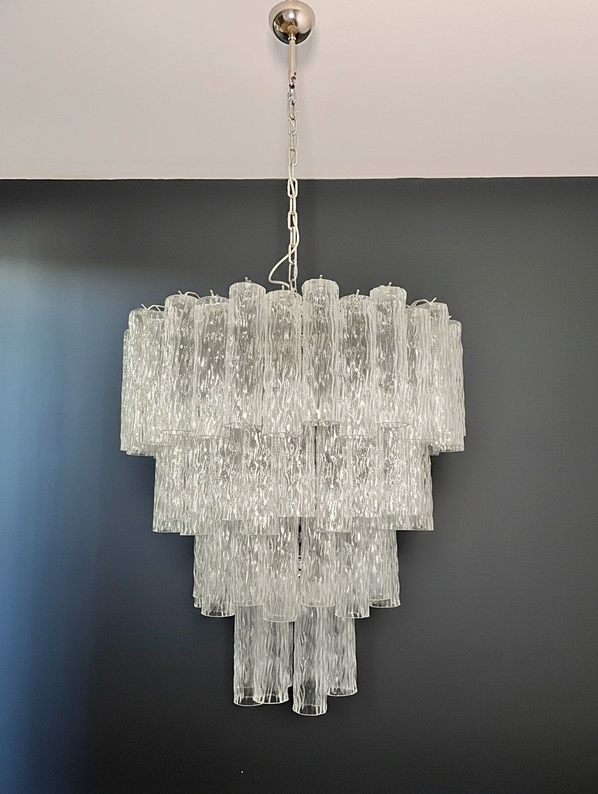 Huge Murano Glass Tiered Chandelier   80 Glasses   Transparent Corteccia Glass Tube photo for sale